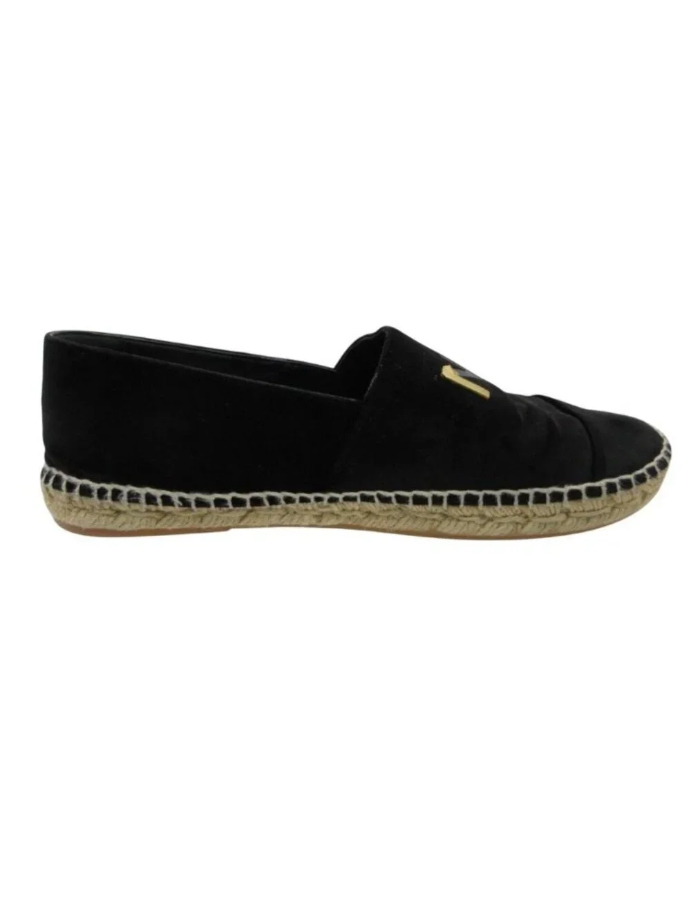 Chanel Slip-on Espadrilles Velour Logo Plate Flat Shoes Jute Black
